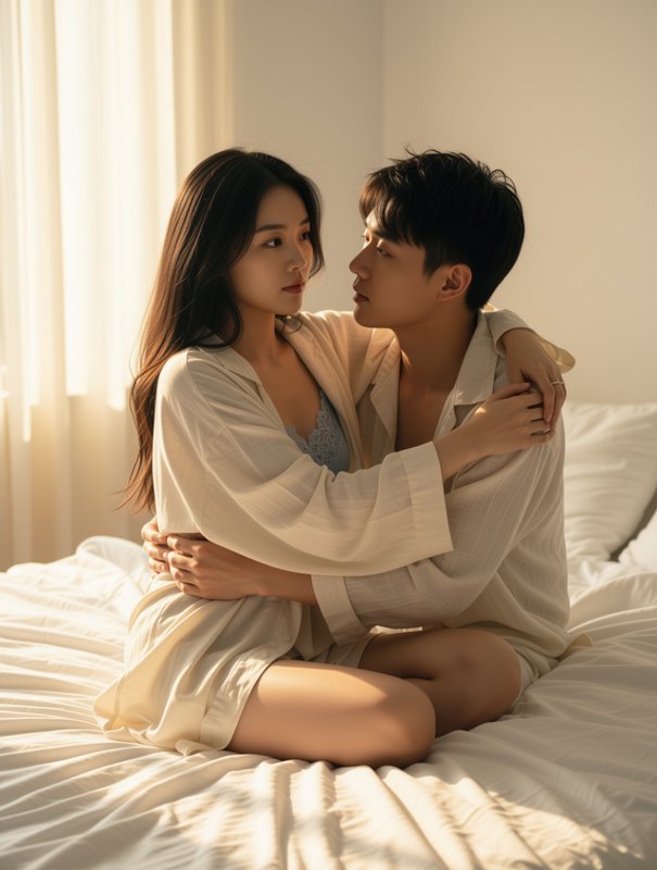 Tender young East Asian couple embracing while sitting together on a sunlit bedroom bed in soft c...