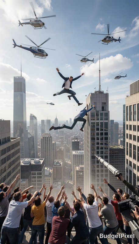 Two men perform a dramatic rooftop jump above a city skyline with helicopters hovering.