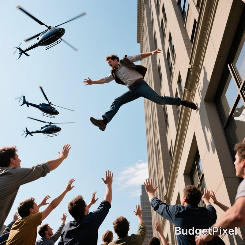Man leaps from a tall building amid cheering crowd as helicopters fly overhead in an urban stunt scene.