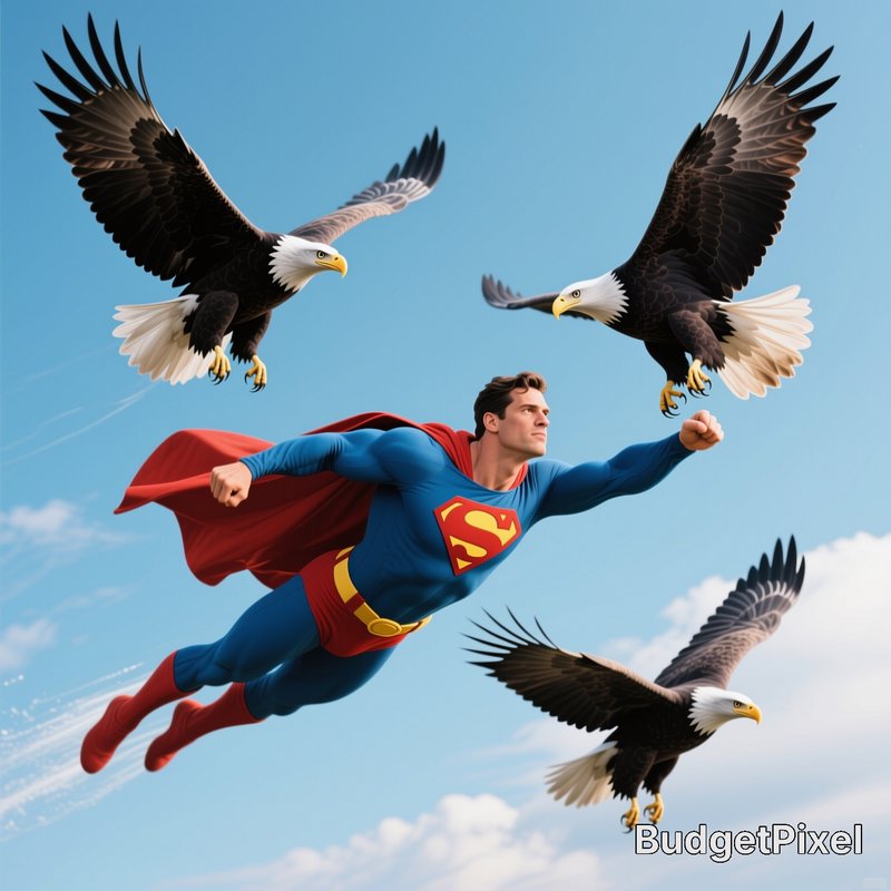 Superman flying with four bald eagles against a bright blue sky.