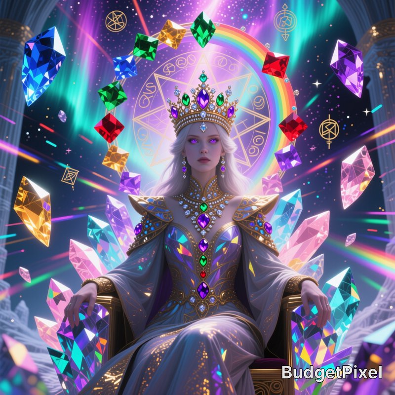 Regal queen in jeweled armor sits on a crystal throne, surrounded by floating colorful gems and a...