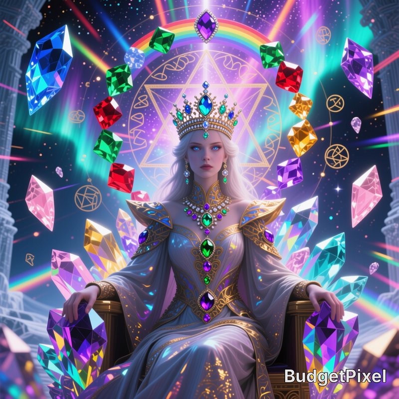 Celestial fantasy queen seated on a throne, surrounded by floating glowing gemstones, arcane rune...