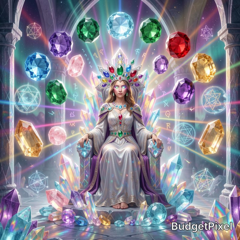 Mystical gem queen seated on a crystal throne, surrounded by floating glowing gemstones, runes, a...