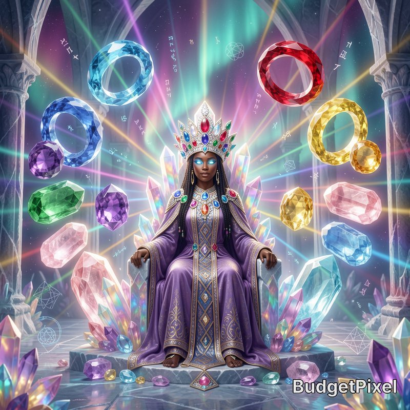 Powerful Black magical queen with glowing eyes seated on a crystal throne, surrounded by floating...