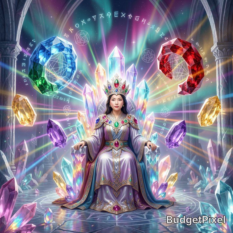 Regal East Asian queen sits on an iridescent crystal throne, surrounded by floating gemstones and...