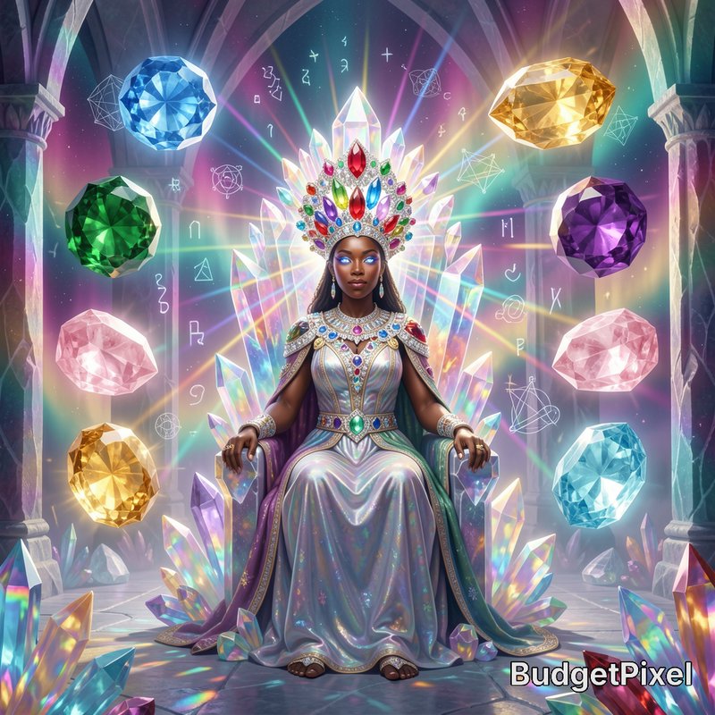 Black magical queen seated on an iridescent crystal throne, surrounded by glowing floating gemsto...