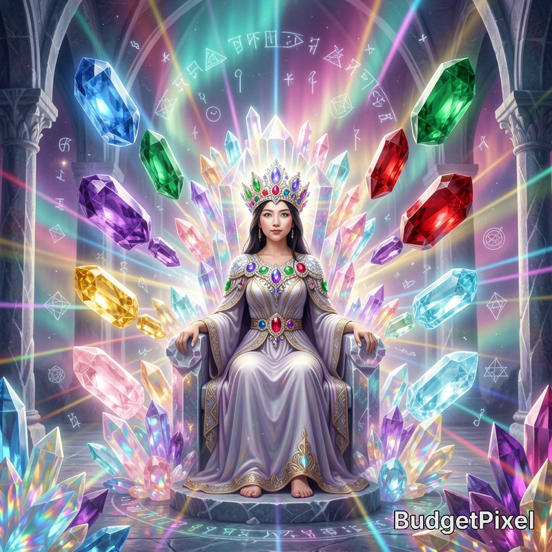 Mystical gem queen seated on a glowing crystal throne, surrounded by floating rainbow crystals an...