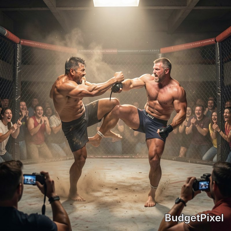 Two muscular male MMA fighters exchange strikes inside an octagon cage, as cheering spectators an...