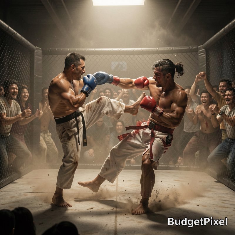 Two muscular martial artists trade simultaneous punches and kicks in an underground caged fight, ...