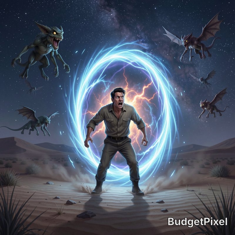 Shouting man protected by glowing energy portal fends off attacking flying gargoyles in starry de...