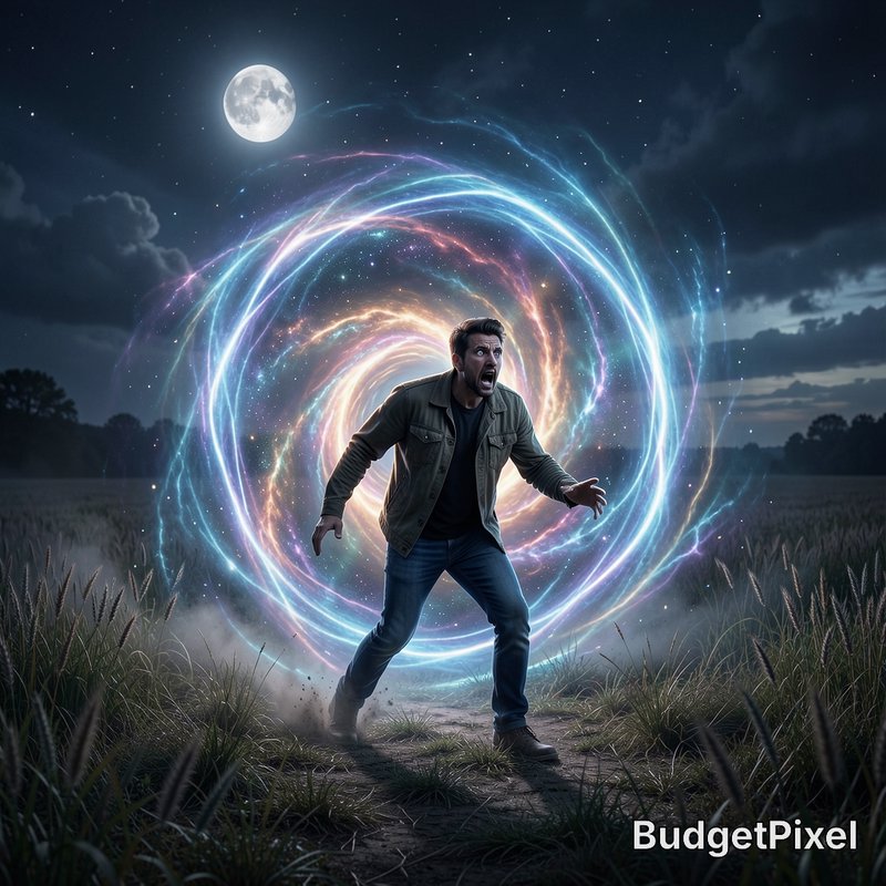 Terrified startled man stands before a glowing swirling interdimensional portal in a moonlit rura...