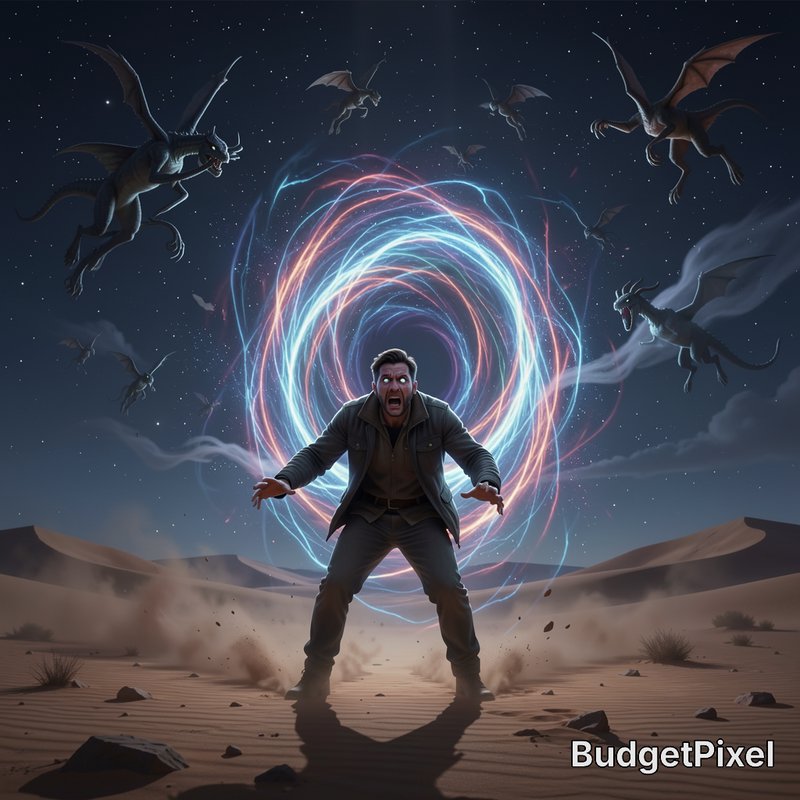 Glowing-eyed spellcaster channels swirling arcane magic to fend off attacking winged dragons on a...