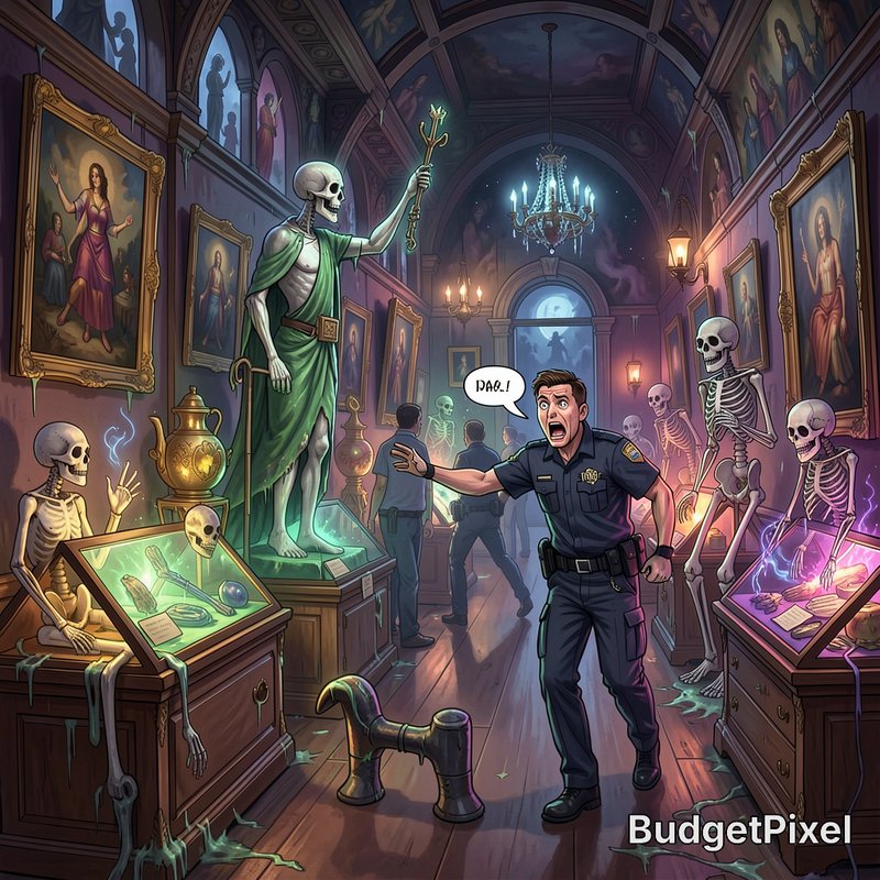 Shocked yelling police officer surrounded by reanimated skeletons in a spooky gothic museum gallery