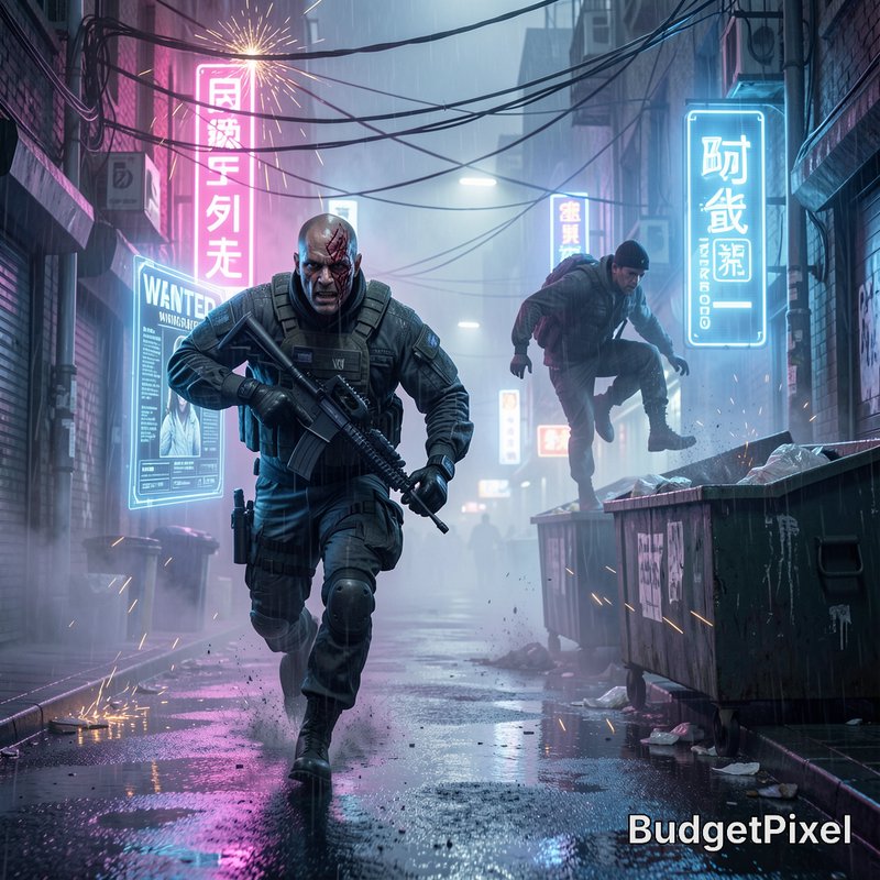 Scarred armed tactical soldier runs down rain-soaked cyberpunk alley, comrade jumps from dumpster...