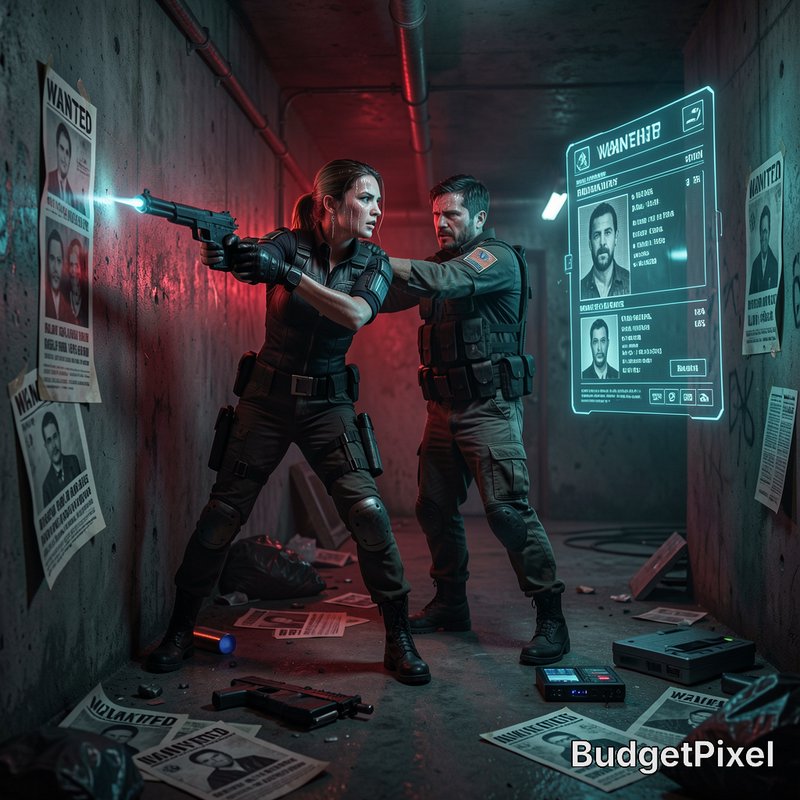 Tactical female officer fires glowing energy pistol, supported by partner in neon-lit cyberpunk c...