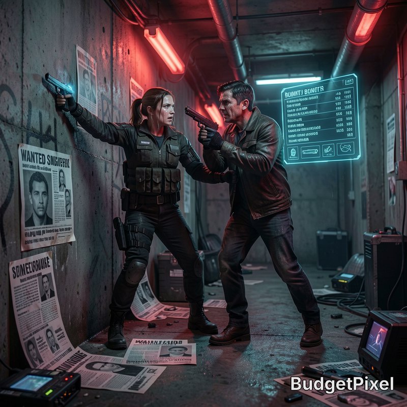 Tense armed standoff between a female tactical officer and man with handguns in a neon-lit dystop...
