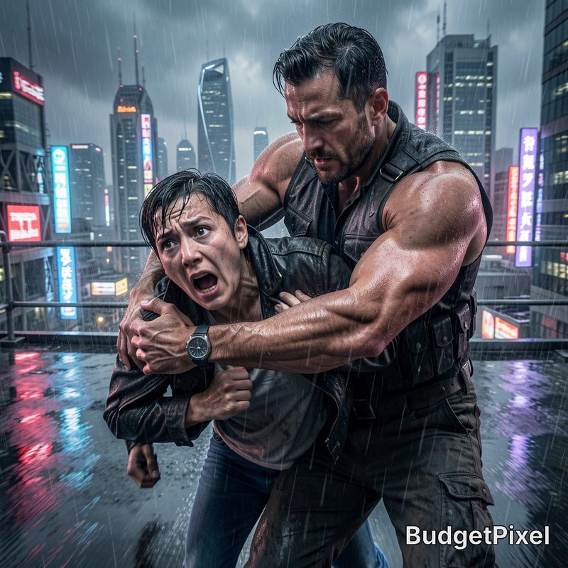 Muscular man restraining a panicked man on a rain-soaked neon city rooftop during heavy rainfall