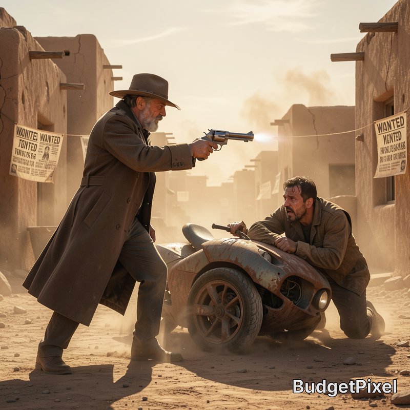 Aging western sheriff fires revolver at a man hiding behind a tiny rusted car during a dusty adob...