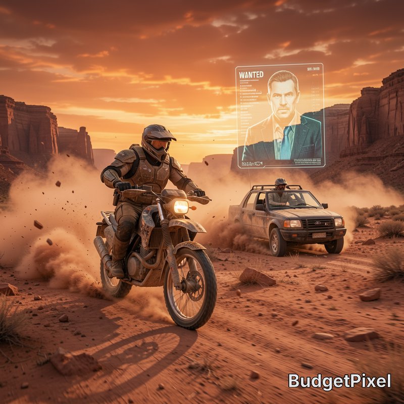 Armored futuristic biker leads a high-speed desert chase, with pursuing SUV and floating holograp...