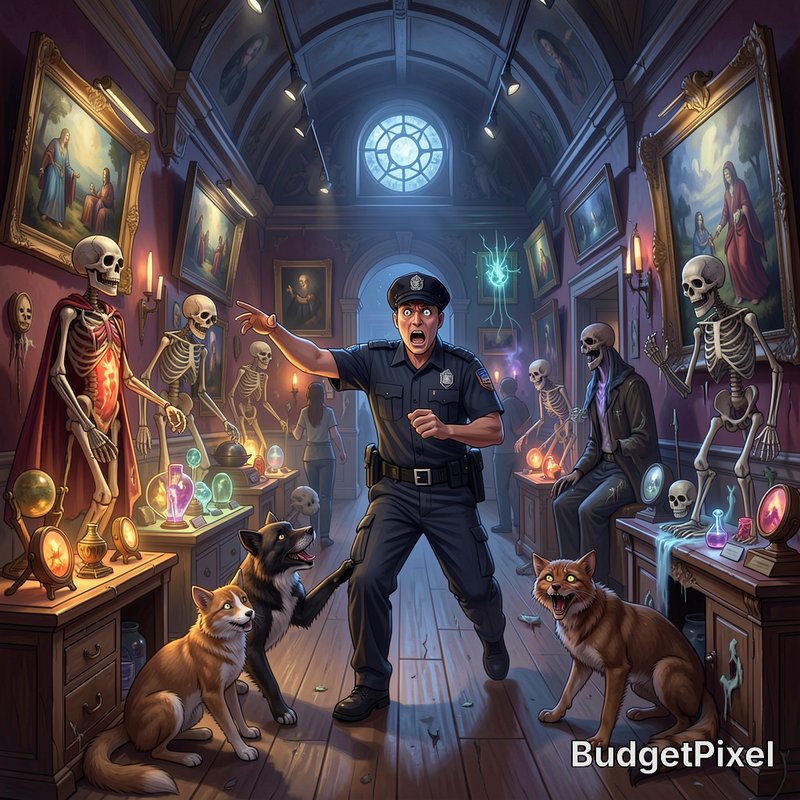 Shocked police officer reacts to animated skeletons, eerie creatures, and occult artifacts inside...