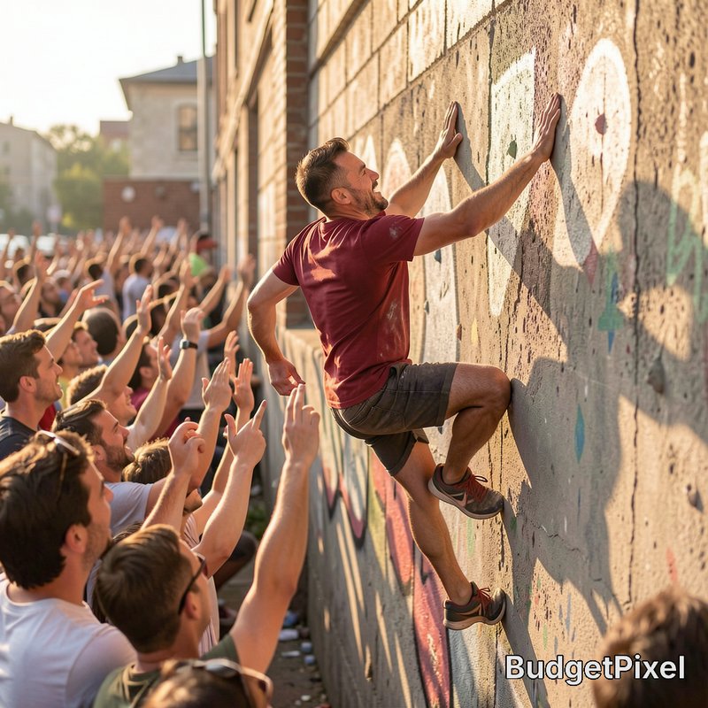 Smiling man climbs graffiti-covered urban wall as a cheering crowd reaches up to support him duri...