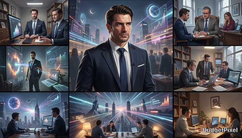 Collage grid of AI generated business scenes with corporate professionals, financial charts, and ...