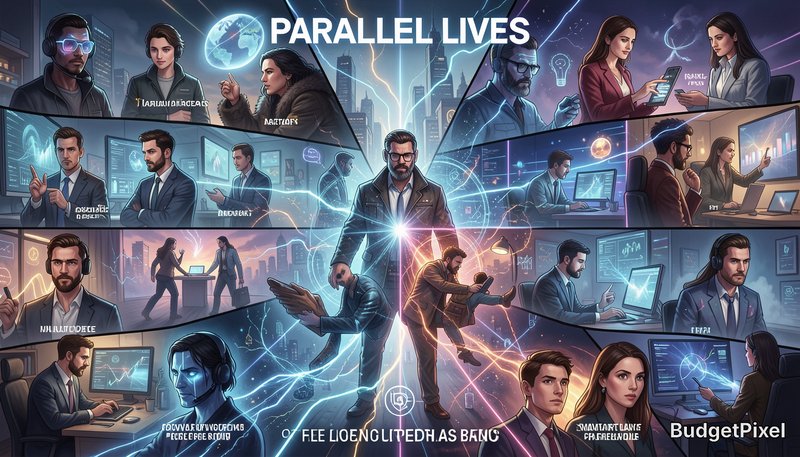Illustrated "Parallel Lives" multiverse concept graphic, with interconnected panels of corporate ...