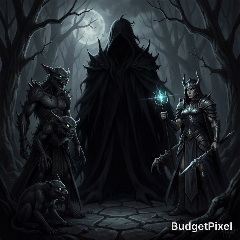 Menacing dark fantasy party: faceless hooded reaper, glowing-eyed werewolf beasts, armored spellc...