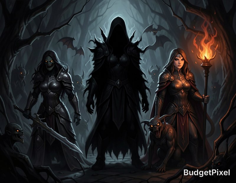 Menacing dark fantasy adventurer party stands in a misty spooky twisted forest, flanked by demoni...