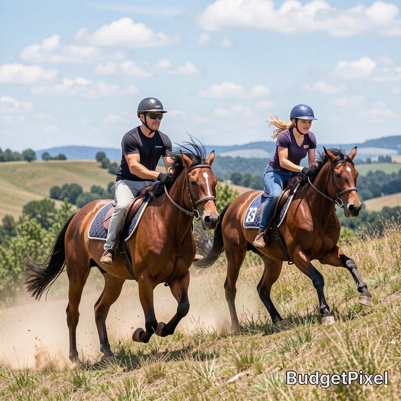 Two helmeted riders gallop on chestnut horses across a sunlit rolling grassy countryside hill und...