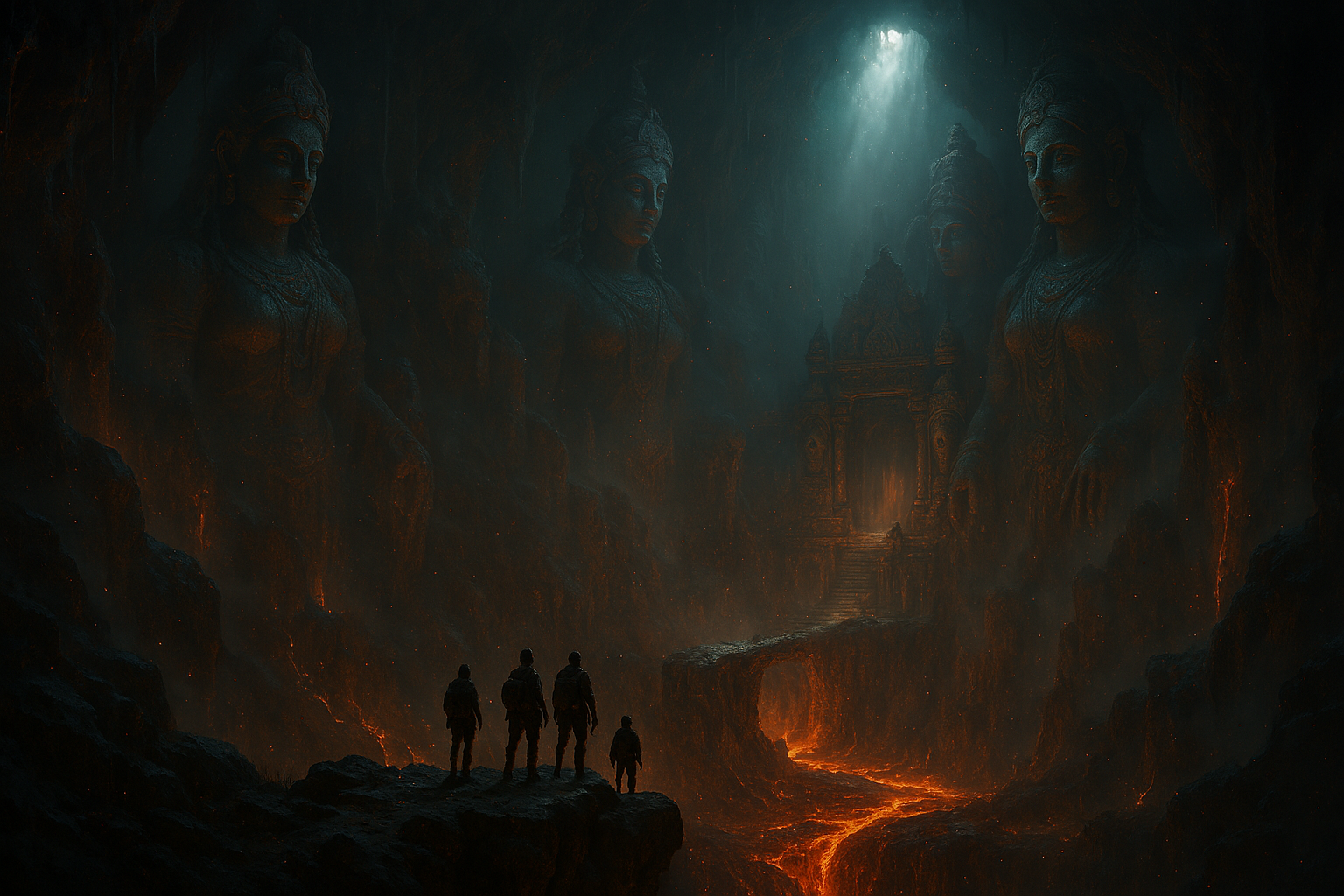 Four explorers in a lava-lit cavern with towering ancient statues and a distant glowing temple