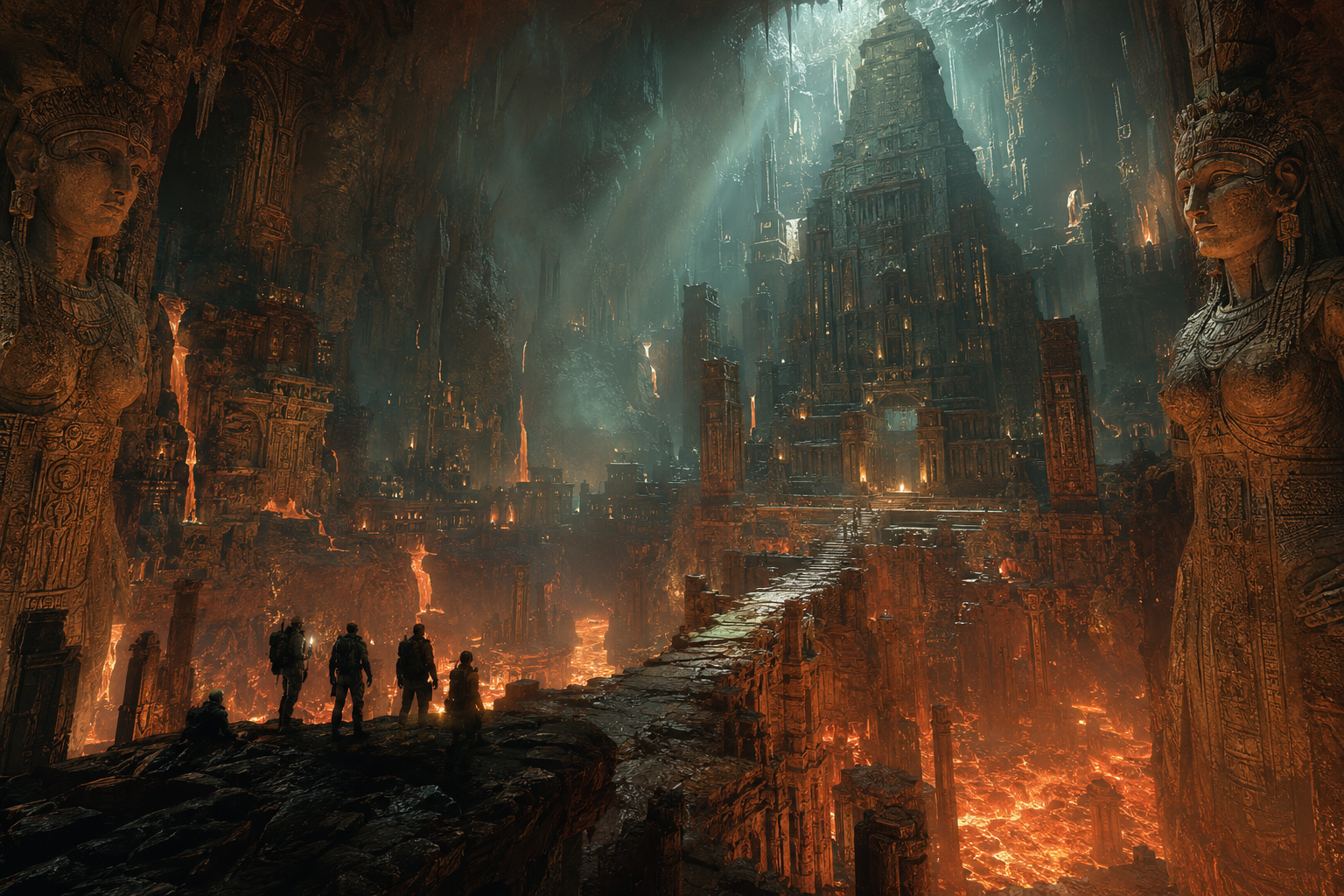 Epic cavern temple with towering statues, lava rivers, and explorers on a stone bridge.