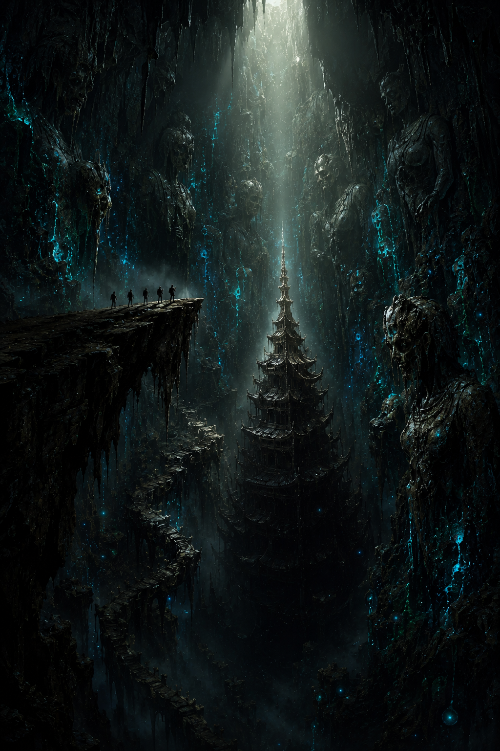 Dark cavern with a tall pagoda lit by a beam of light, cliff path and silhouetted explorers.