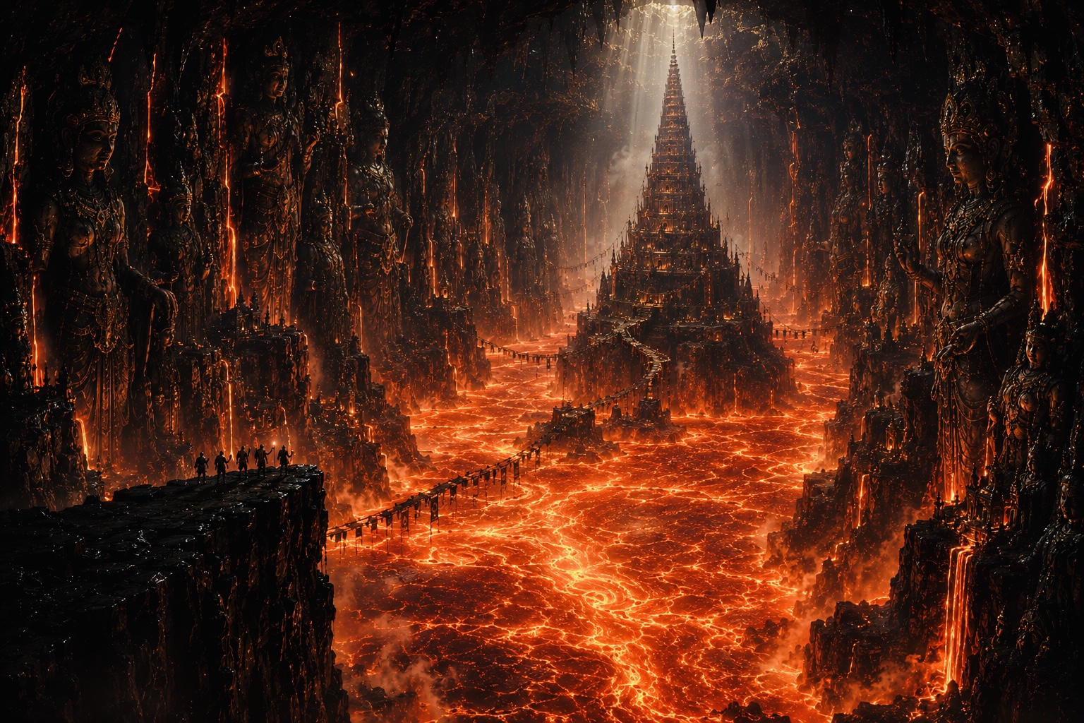 Fiery cavern with a towering temple surrounded by lava and statues along jagged cliffs