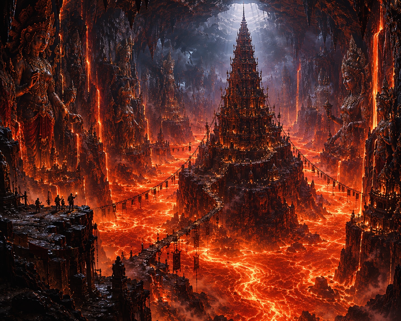 A fiery cavern with a towering temple surrounded by molten lava and colossal statues.