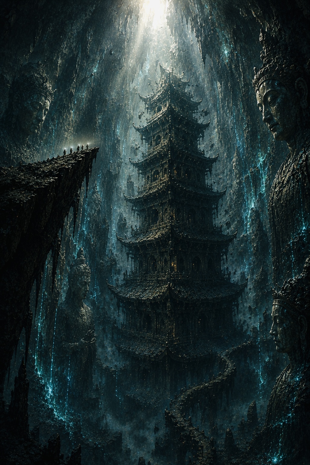 Ancient multi-tiered pagoda rises in a dark, cavernous realm amid towering statues.