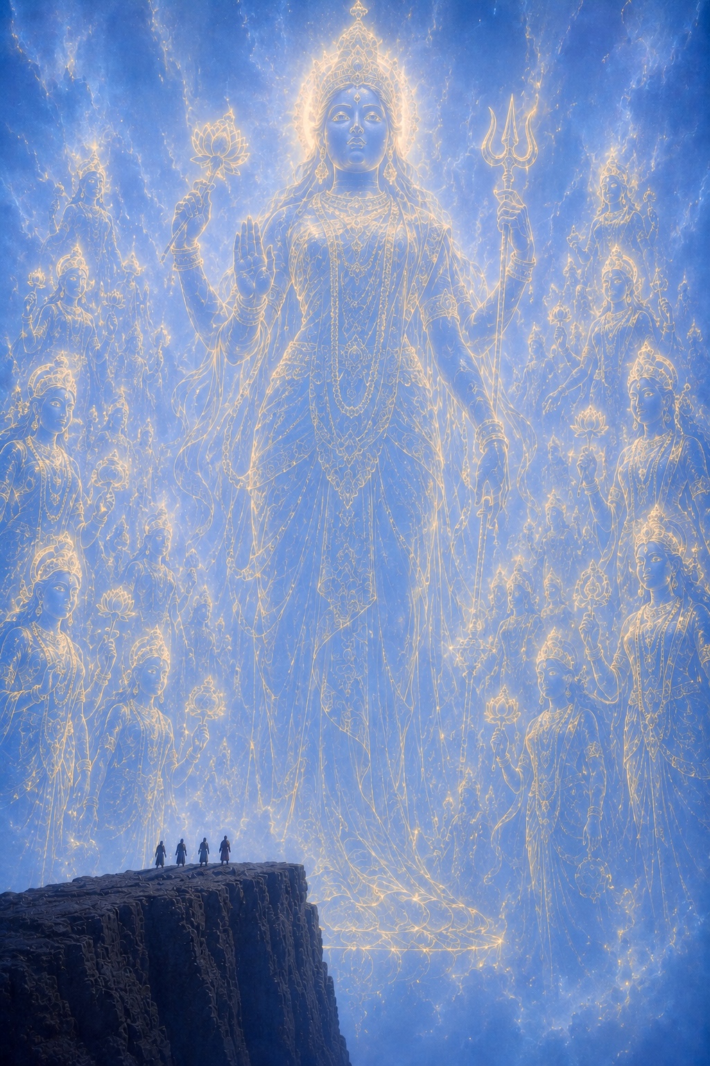 A colossal, glowing bodhisattva figure with multiple arms and surrounding deities, illuminated in gold against a blue sky,...
