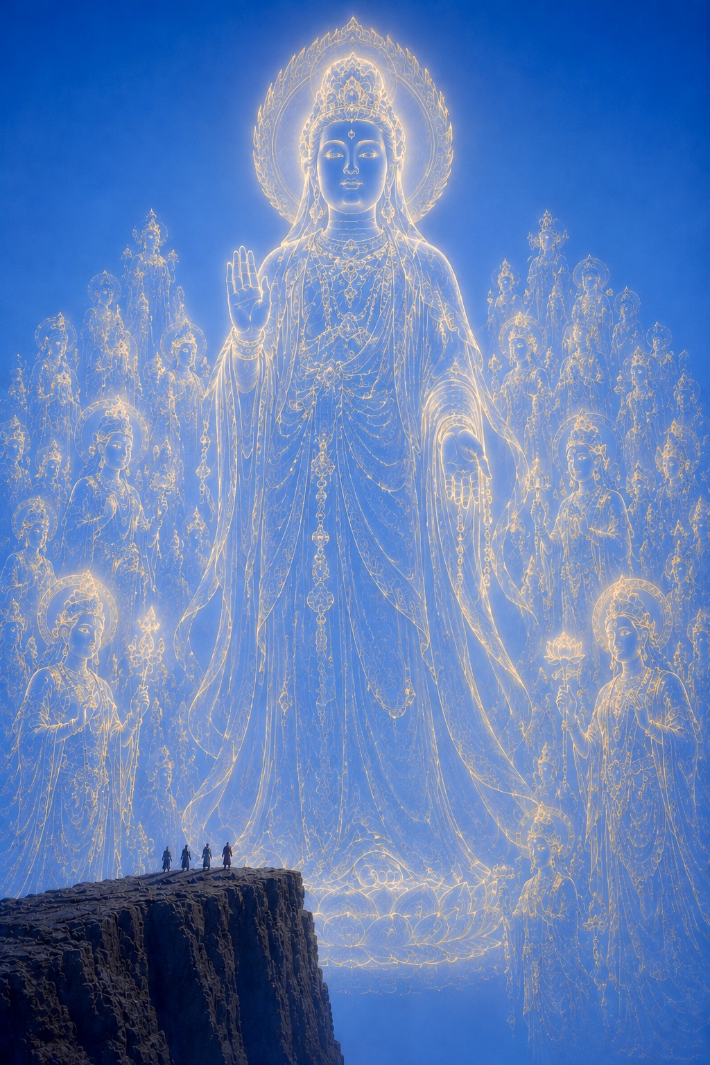 Giant glowing Buddha statue made of light with halo, surrounded by smaller figures on a cliff edge.