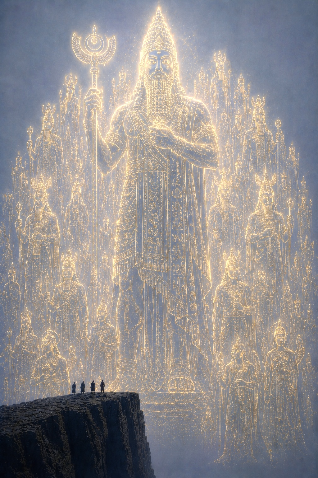 A towering luminous statue etched in light with surrounding smaller figures, viewed from a cliff edge against a blue misty...