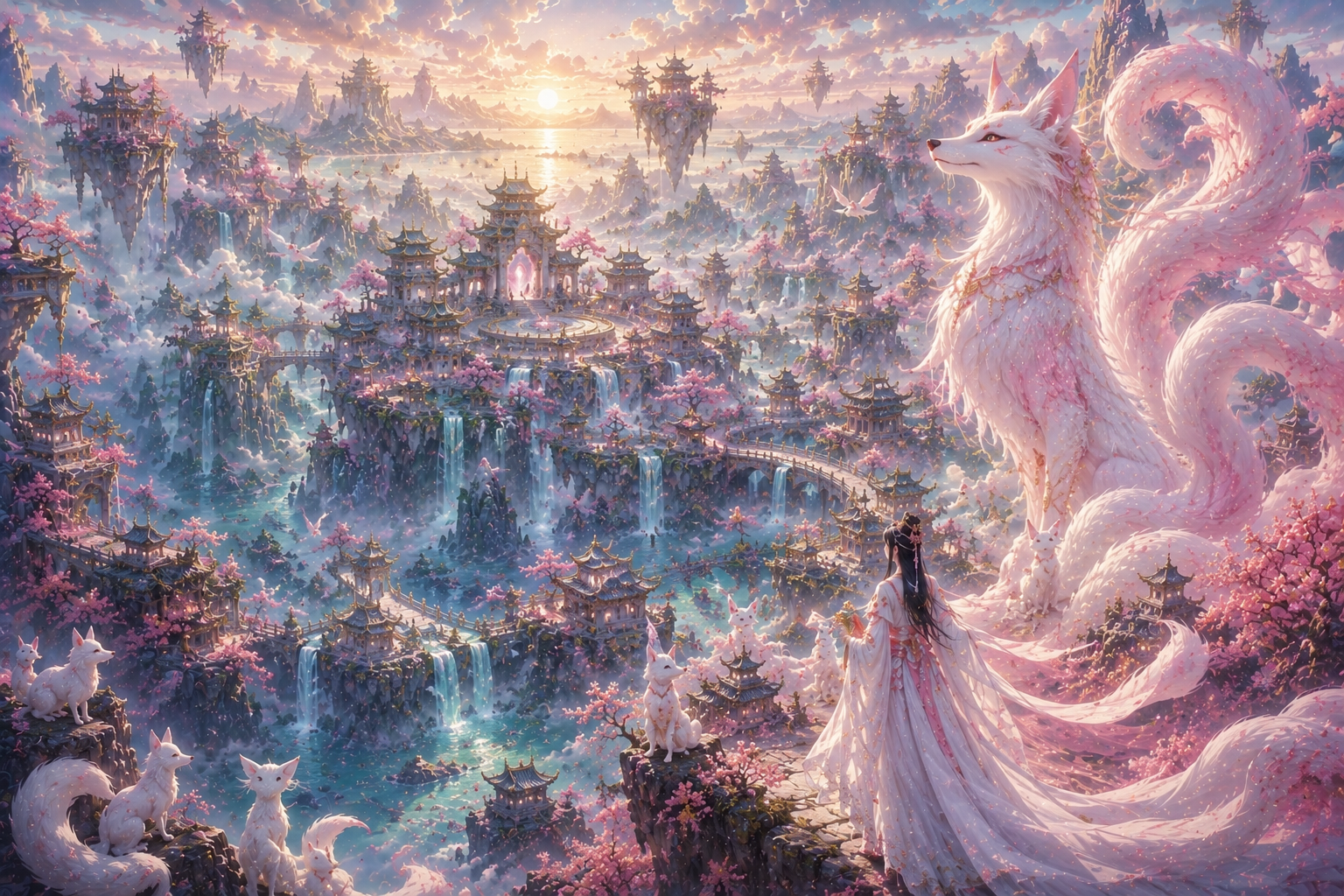 A fantasy landscape with pink mythical dragon-fox and an elegant figure overlooking a surreal pink city.