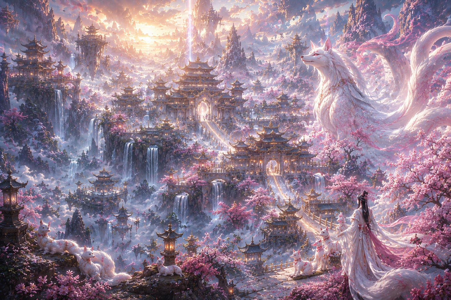 Dreamlike fantasy landscape with cascading pagodas, pink blossoms, and a white mythical fox-dragon beneath a glowing sky