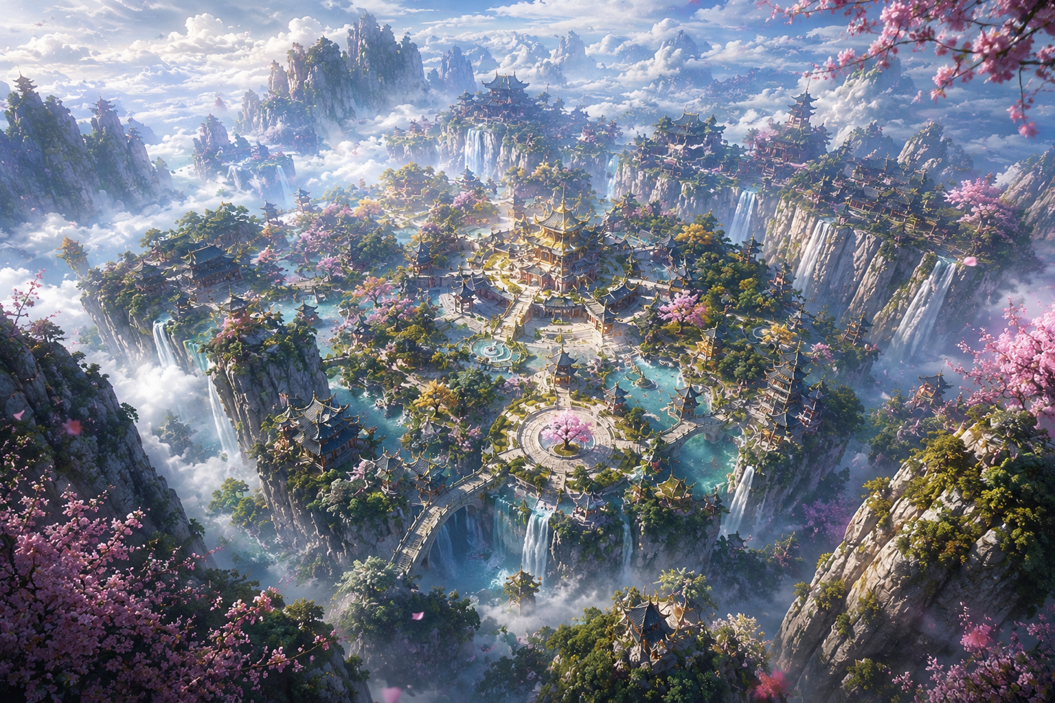 Fantastical aerial view of a lush island realm with waterfalls, pagodas, and bridges among misty mountains.