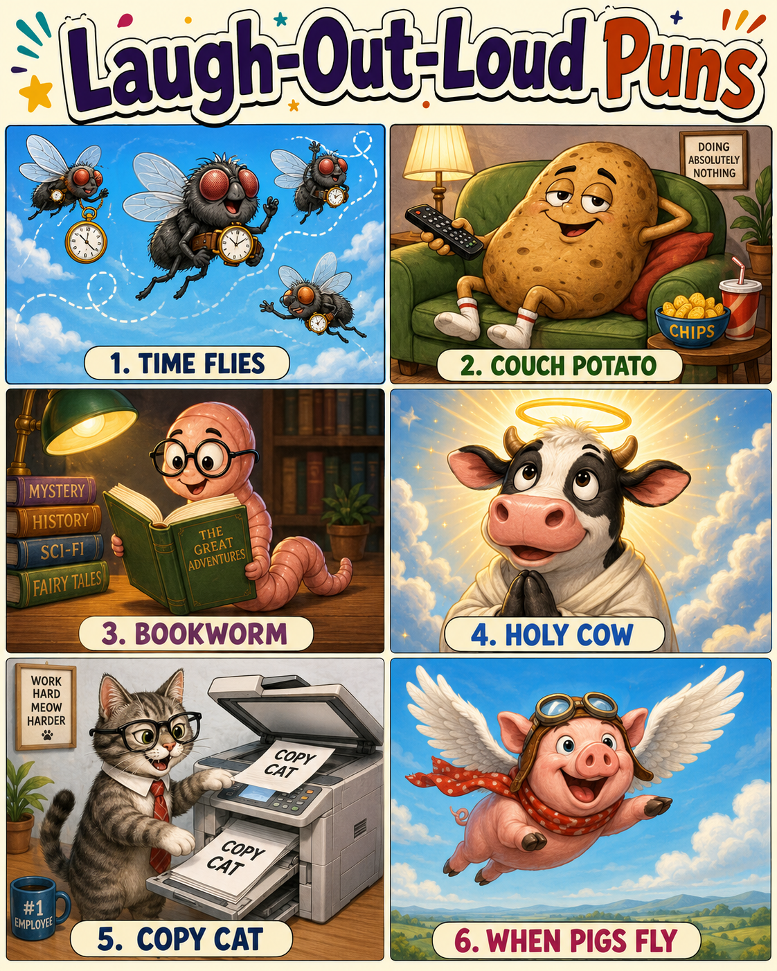 6-panel silly cartoon infographic titled Laugh-Out-Loud Puns illustrating common idioms as literal whimsical character art.