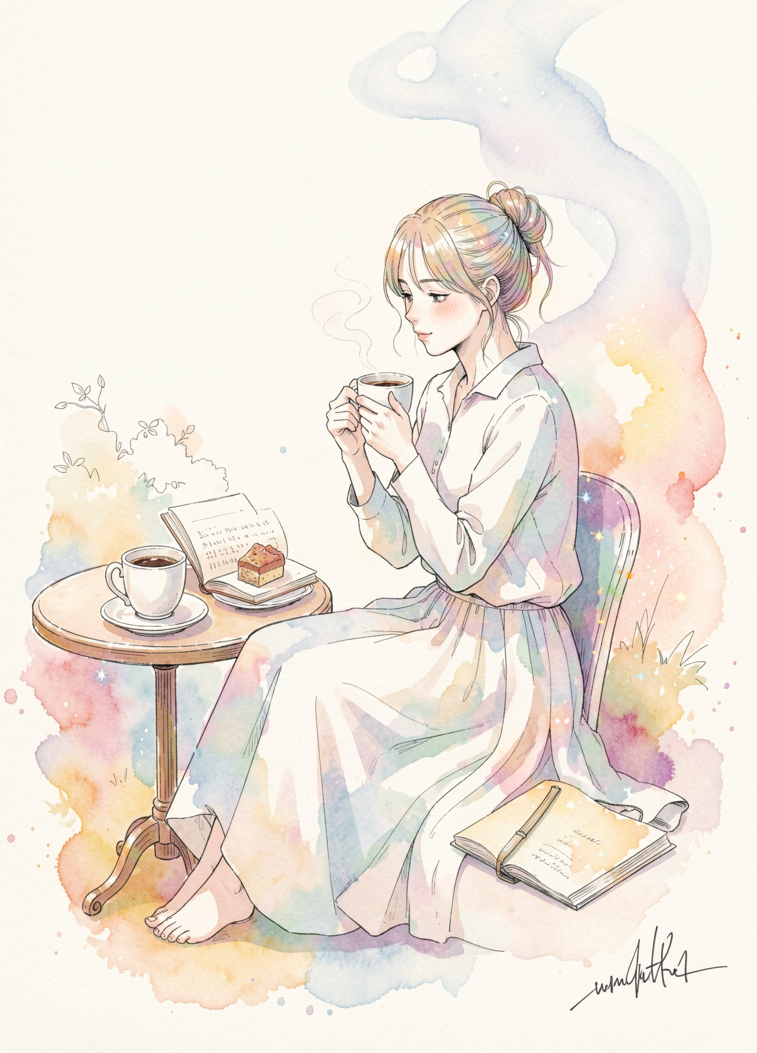 [Pastel watercolor illustration of a gentle young woman sipping hot coffee beside a table with books and cake, quiet cozy ...
