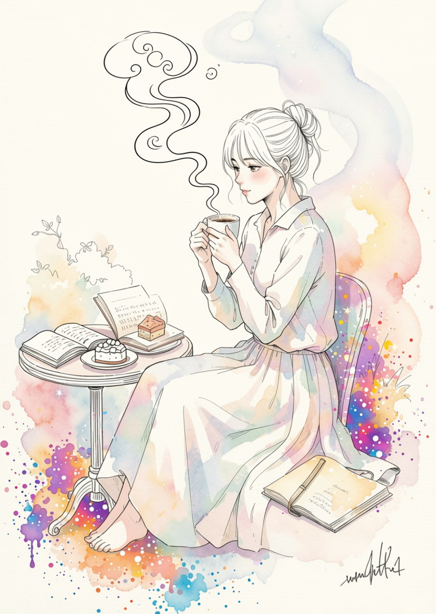 Soft pastel watercolor illustration of a young woman sipping hot coffee beside a table stacked with books and pastries.