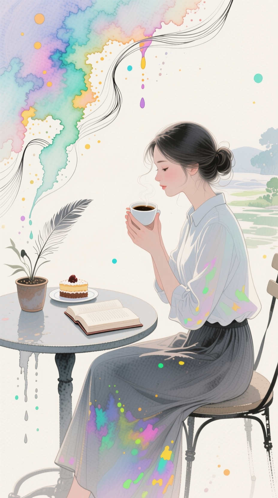 Soft whimsical illustration of a woman holding steaming coffee at a bistro table with cake and an open book