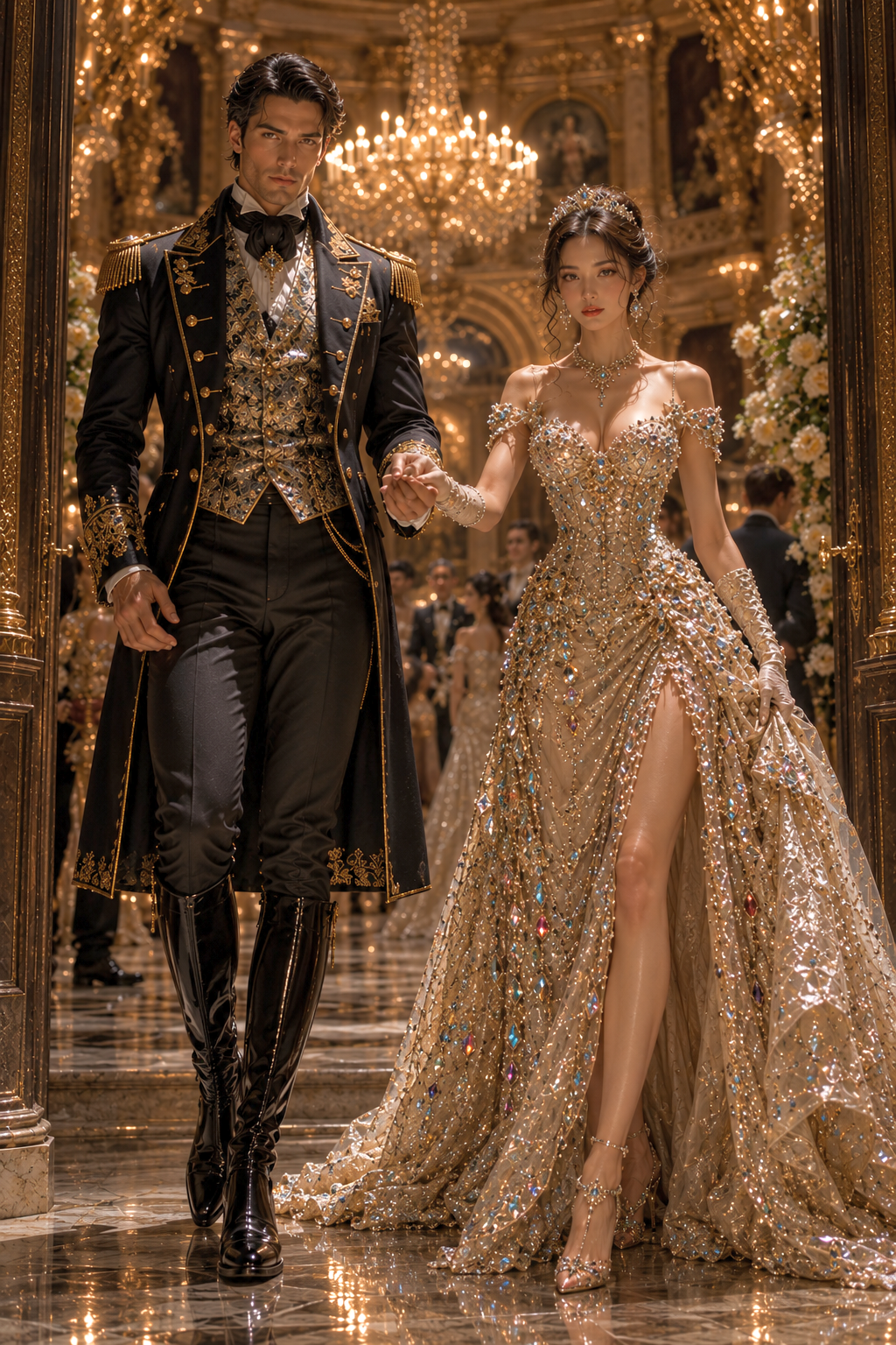 Regal royal couple in ornate formal attire walk hand in hand through a glowing gilded palace ballroom.