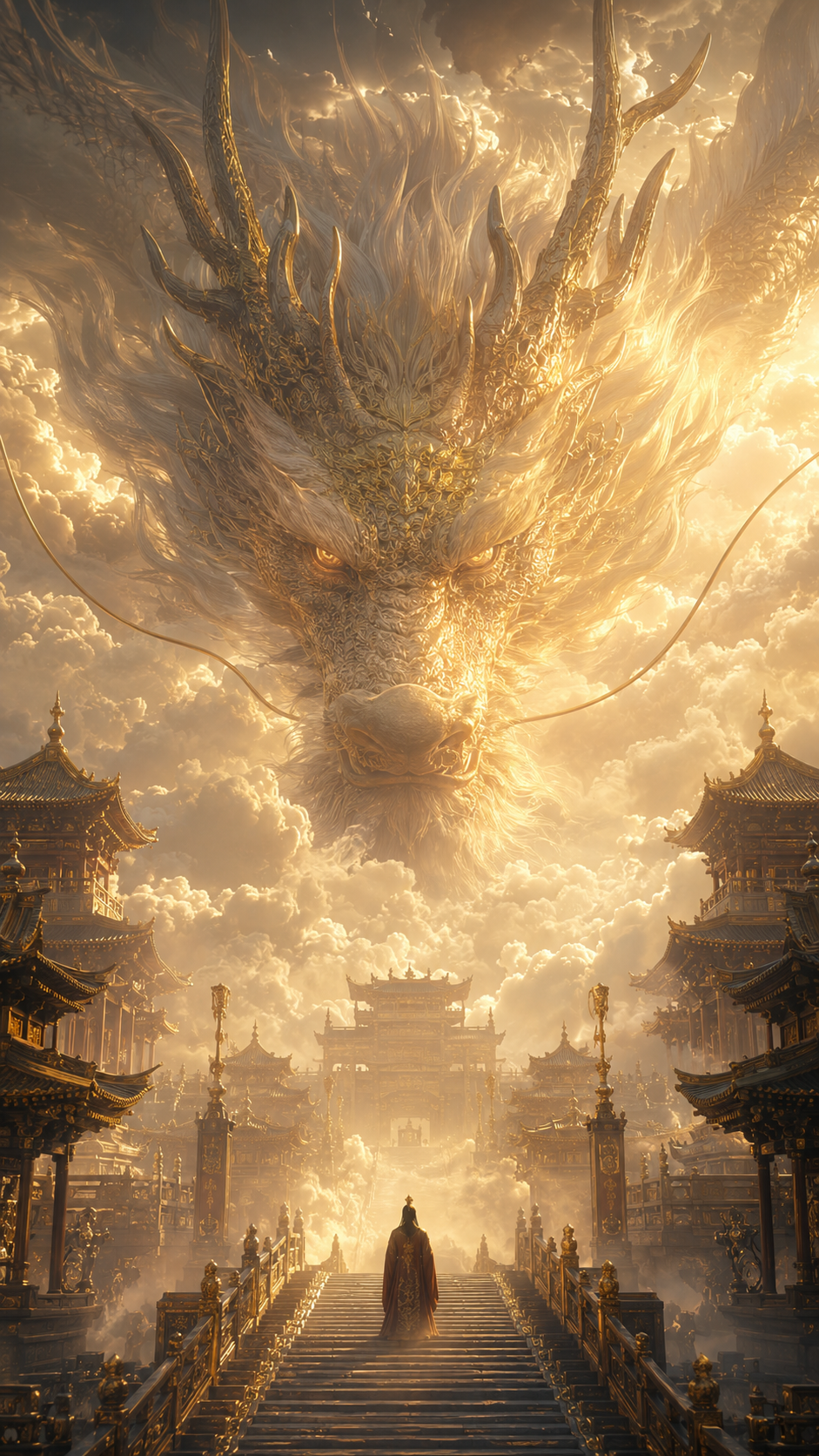 [Giant luminous golden eastern dragon hovers above a cloud-top celestial palace, a robed figure stands on a staircase faci...