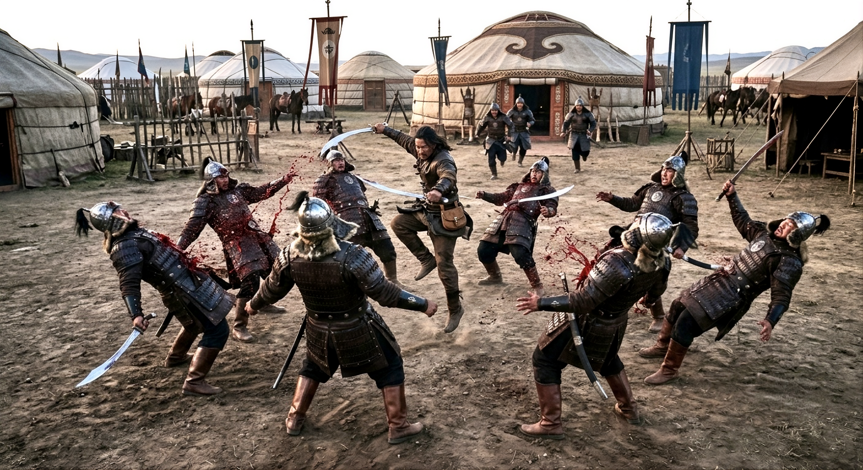 Lone nomadic warrior dual-wields swords fighting armored soldiers in a traditional Mongol yurt encampment battle.