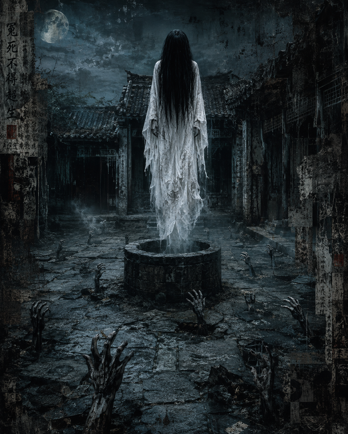 Long-haired female ghost in tattered white robe floats above a well, skeletal hands rise from a crumbling moonlit Chinese ...